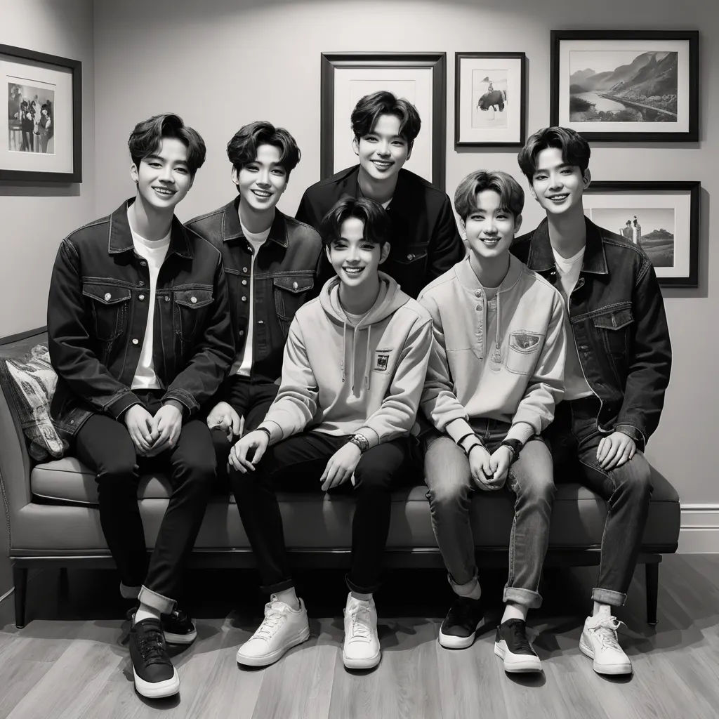 a group of young men sitting on top of a couch together in a living room next to a wall, private press, a photocopy, Anne Said, black and white