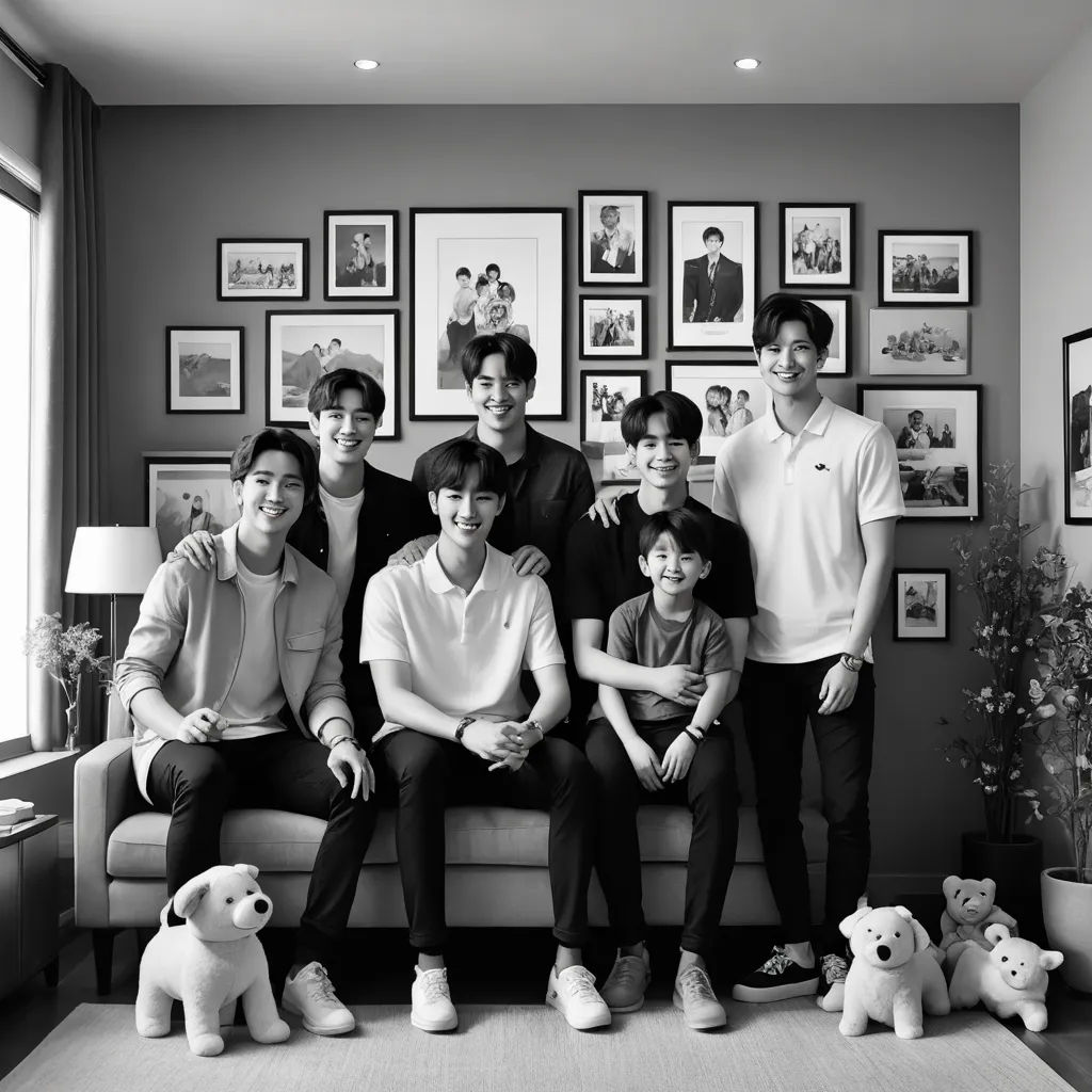 a group of people sitting on a couch in a living room next to a window with pictures on the wall, aestheticism, a photocopy, Anne Said, studio photo