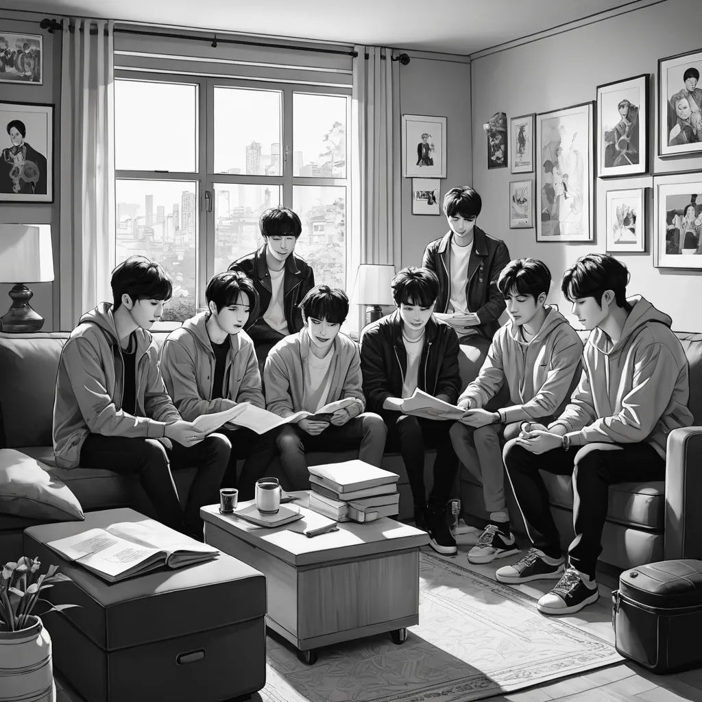 a group of young men sitting on top of a couch in a living room next to a window with pictures on the wall, dau-al-set, a black and white photo, Art & Language, promotional image