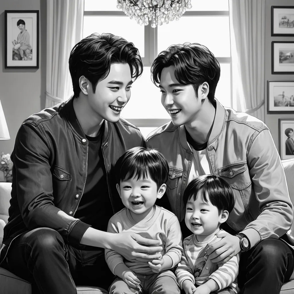 a black and white photo of a family sitting on a couch together smiling at each other and laughing at the camera, hyperrealism, a photocopy, Cui Bai, future