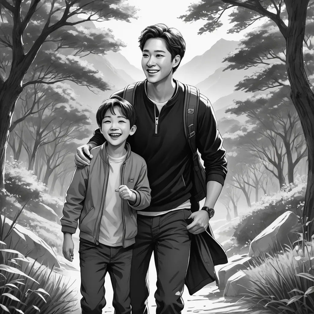 a man and a little girl walking down a path in the woods together, with trees and rocks in the background, modern european ink painting, a black and white photo, Chen Jiru, storybook illustration