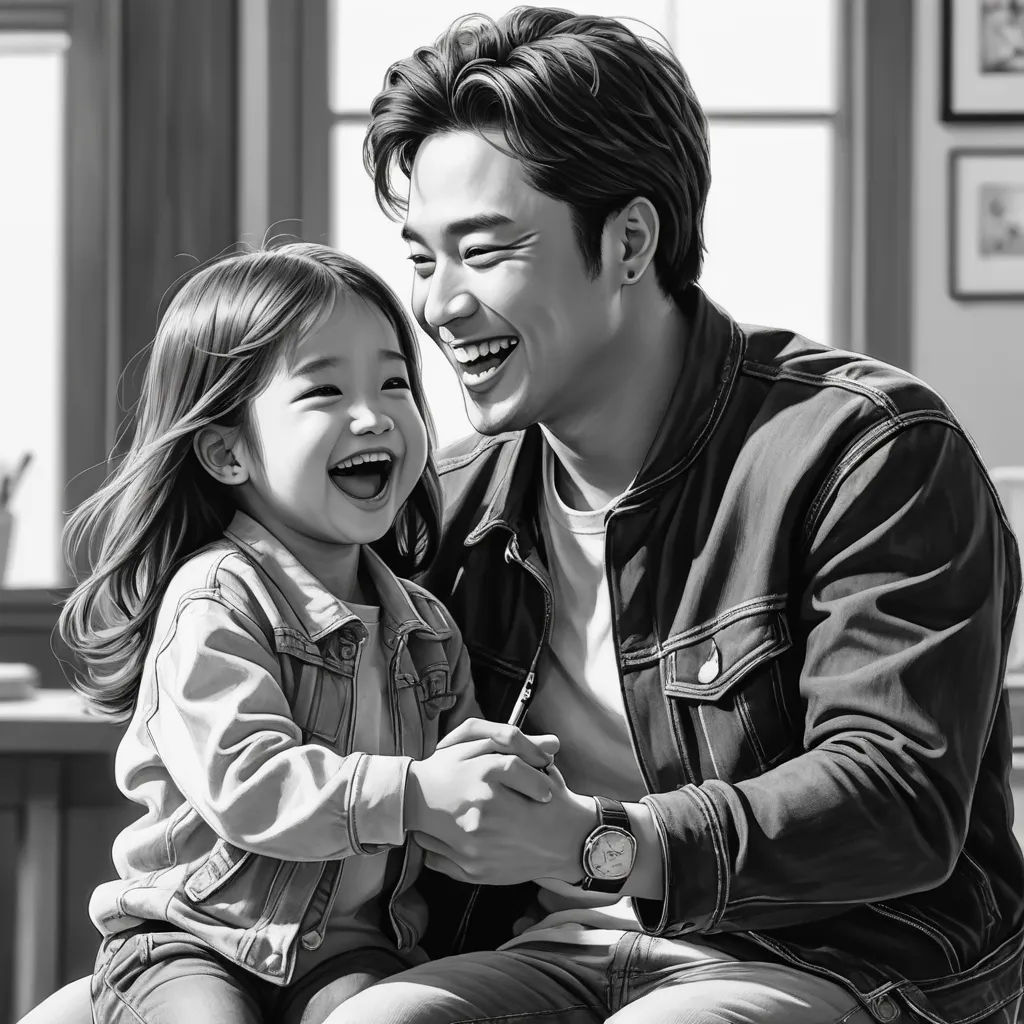 a man and a little girl sitting on a bench laughing together and holding a watch in their hands and laughing, photorealism, a photorealistic painting, David Park, photorealistic portrait