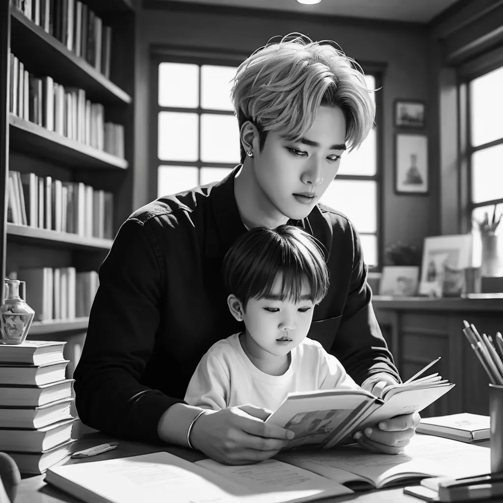 a woman and a child are reading a book together in a library with books on the desk and a book shelf behind them, dada, a photocopy, Du Jin, manga
