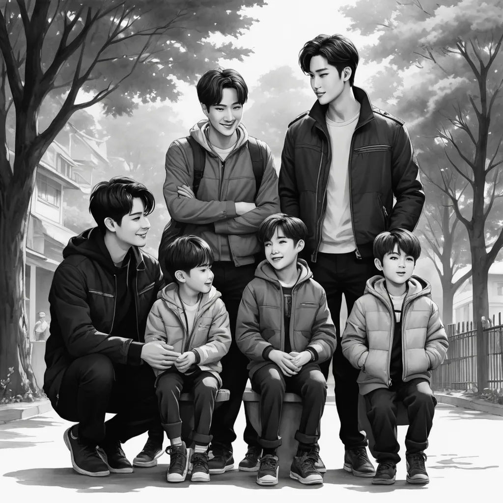 a family portrait of a man, woman, and two children in front of a tree lined street with houses, hyperrealism, a black and white photo, Chen Lu, official art