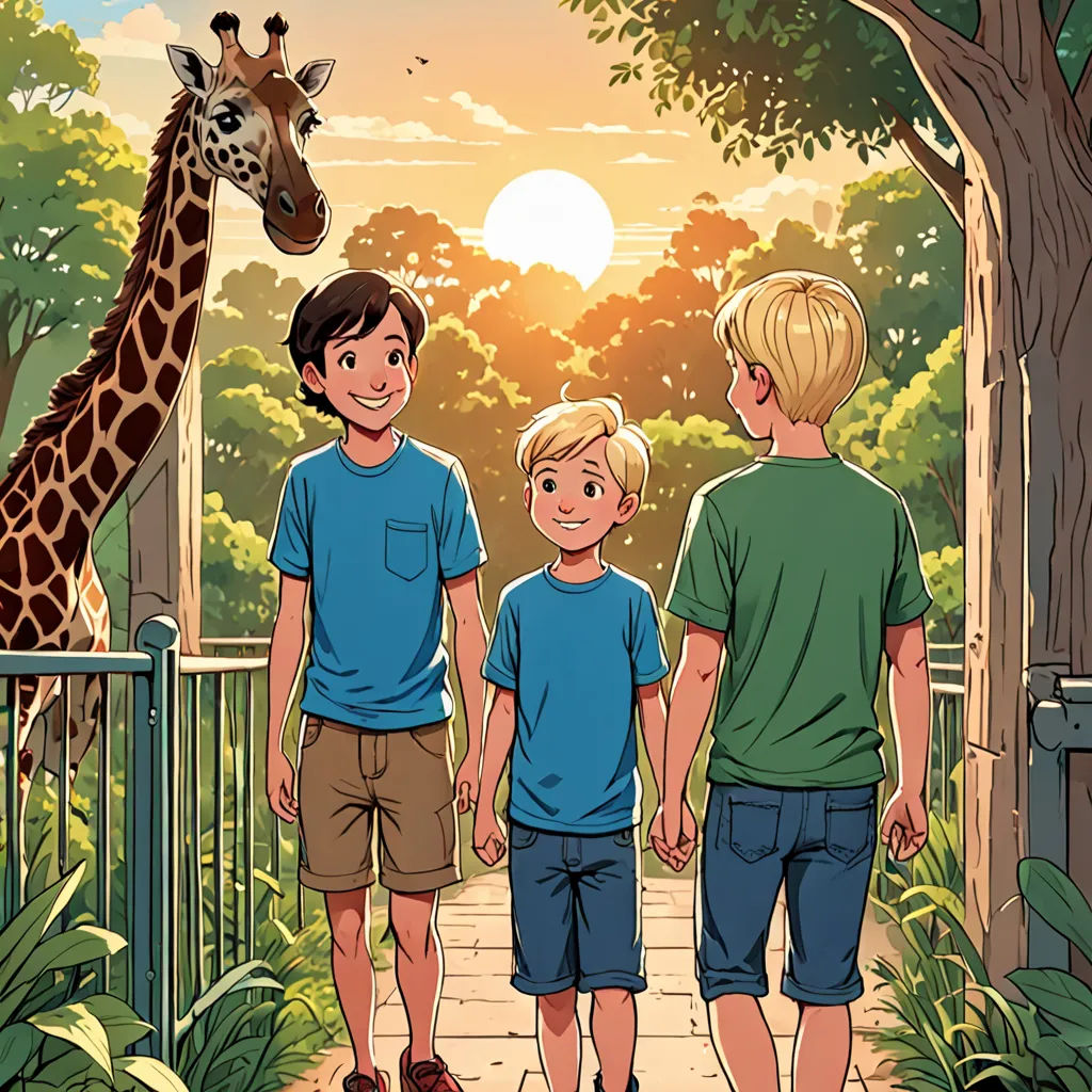 a group of three boys standing next to a giraffe in a zoo enclosure at sunset time,, private press, a storybook illustration, Brothers Hildebrandt, comic cover art