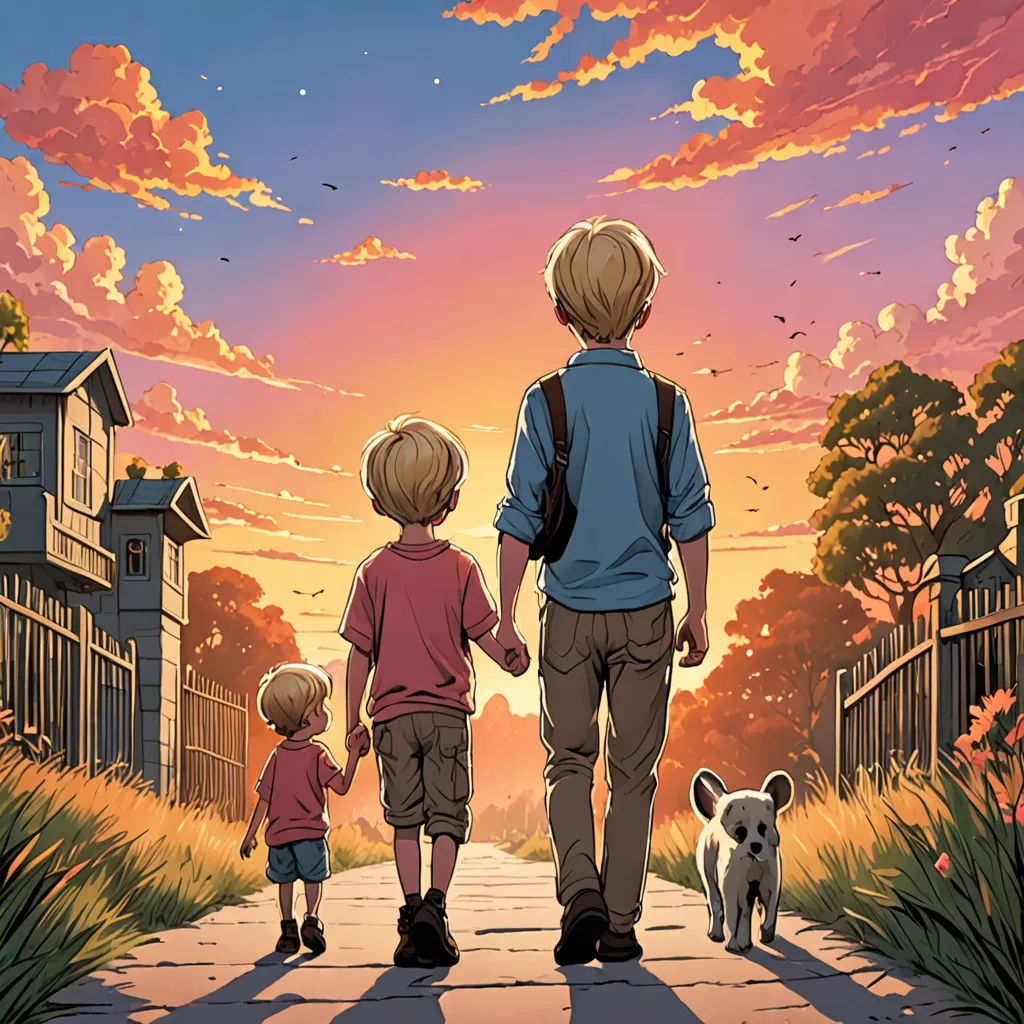 a man and a child walking down a path towards a sunset with a dog on the other side of the path, process art, a comic book panel, Brothers Hildebrandt, comic cover art