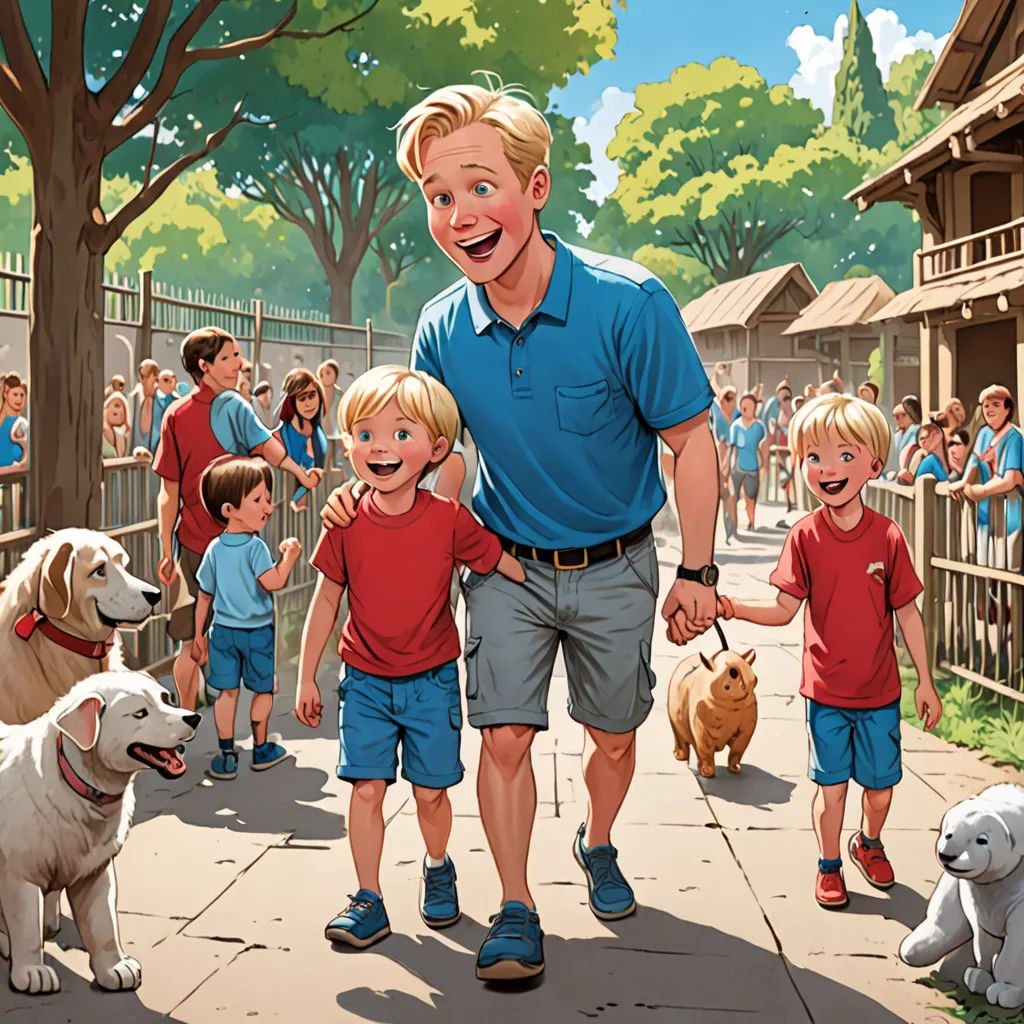 a man walking two children and two dogs down a sidewalk with a crowd of people watching him on a sunny day, american scene painting, a storybook illustration, Brothers Hildebrandt, kinkade