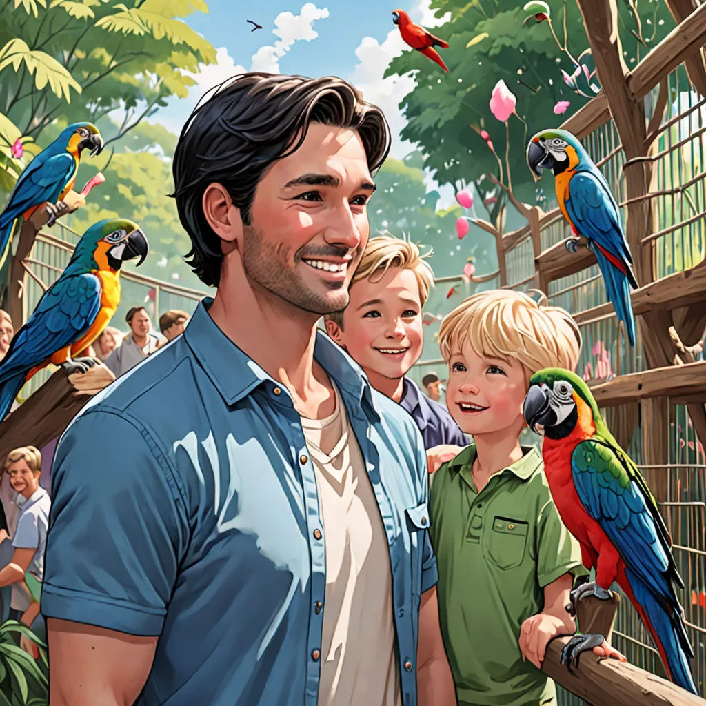 a man and two children are standing in front of a bird cage with parrots on it and a man is smiling, american scene painting, a storybook illustration, Chris LaBrooy, official art
