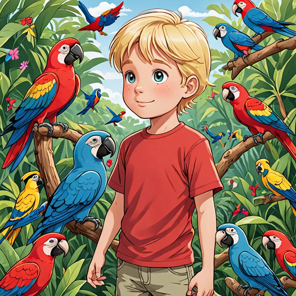 a boy standing in front of a bunch of parrots on a tree branch with a boy in the background, lyco art, a storybook illustration, Cliff Childs, storybook illustration