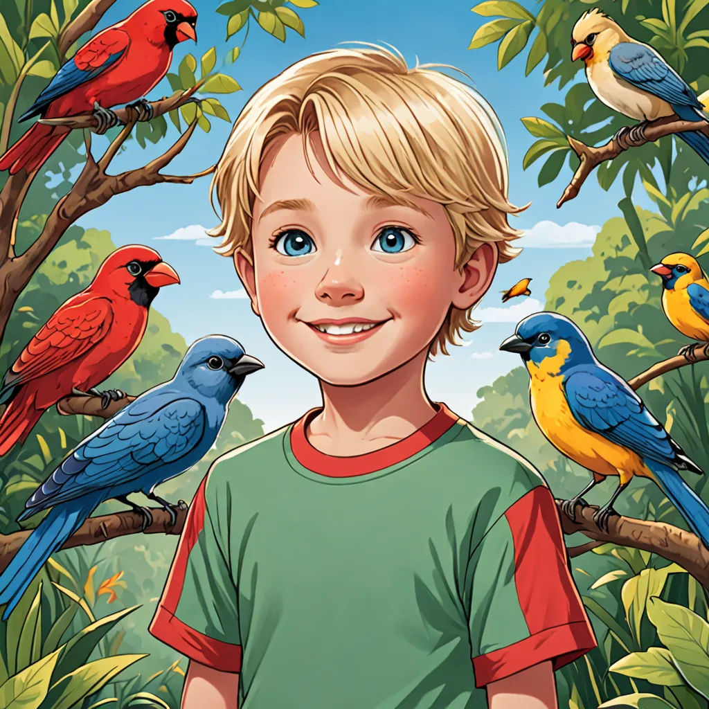 a boy standing in front of a bunch of birds on a tree branch with a blue sky in the background, photorealism, a storybook illustration, Aaron Jasinski, rossdraws global illumination