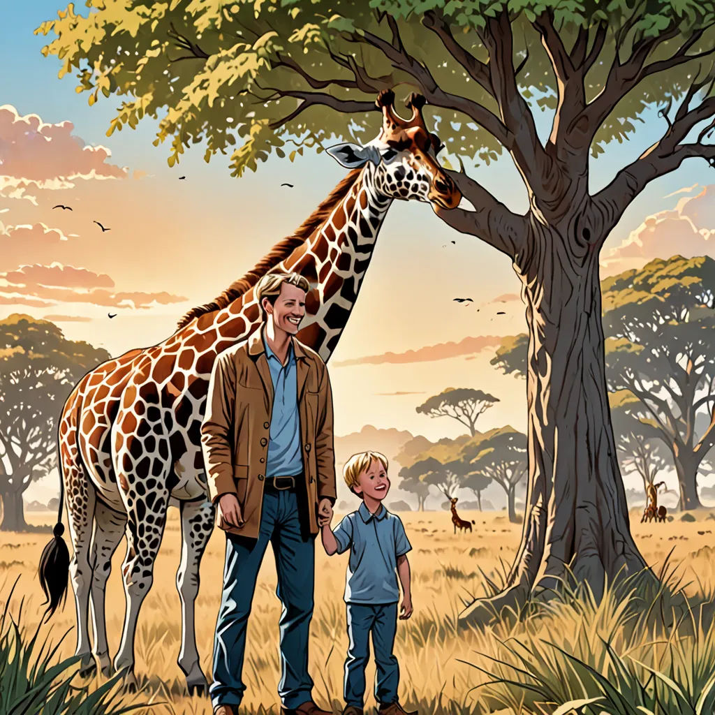 a man and a boy standing in front of a giraffe in a field with trees and birds, american realism, a storybook illustration, Chris LaBrooy, graphic novel