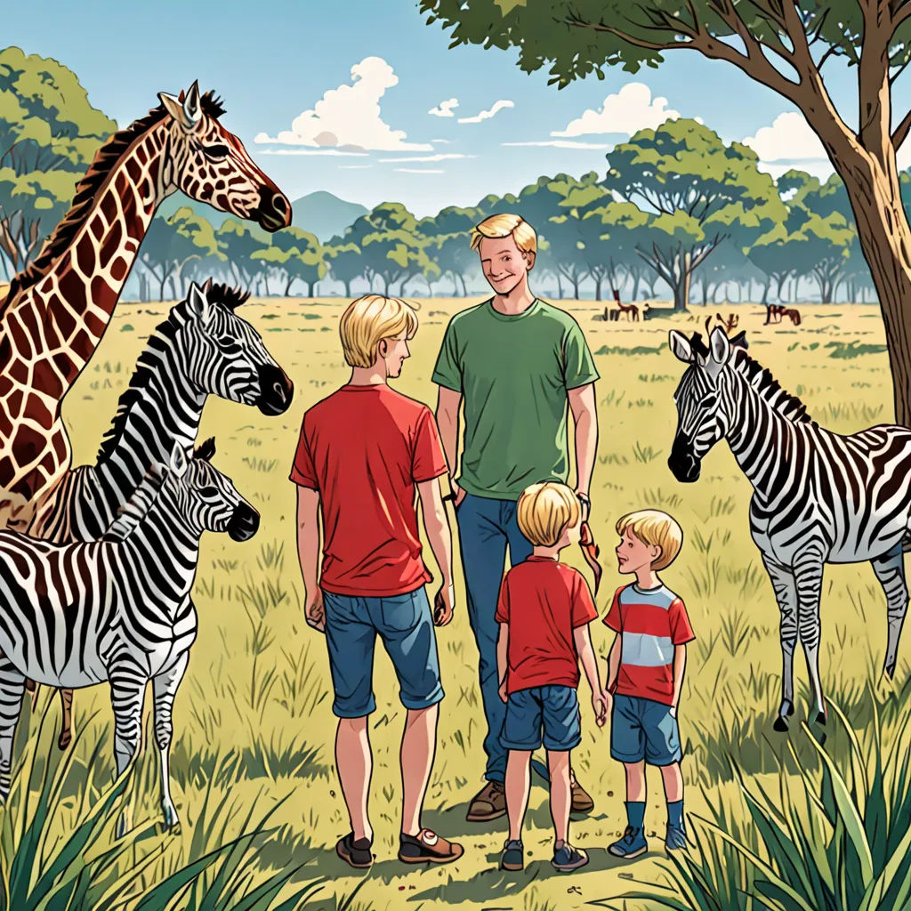 a man and two boys are standing in front of a group of zebras and a giraffe, optical illusion, a storybook illustration, Chris LaBrooy, furaffinity