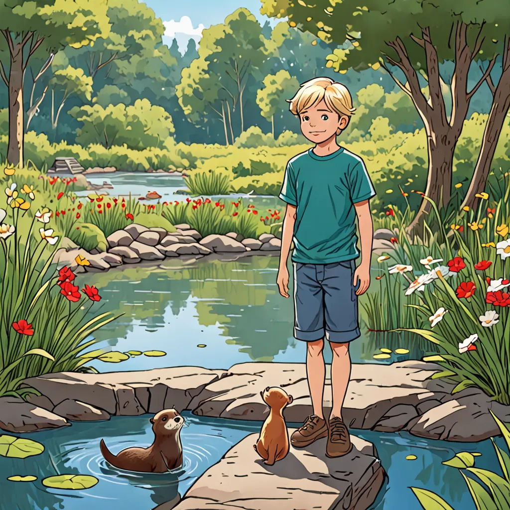a boy standing on a rock in front of a river with a dog and a duck in the water, environmental art, a storybook illustration, Colin Middleton, promotional image