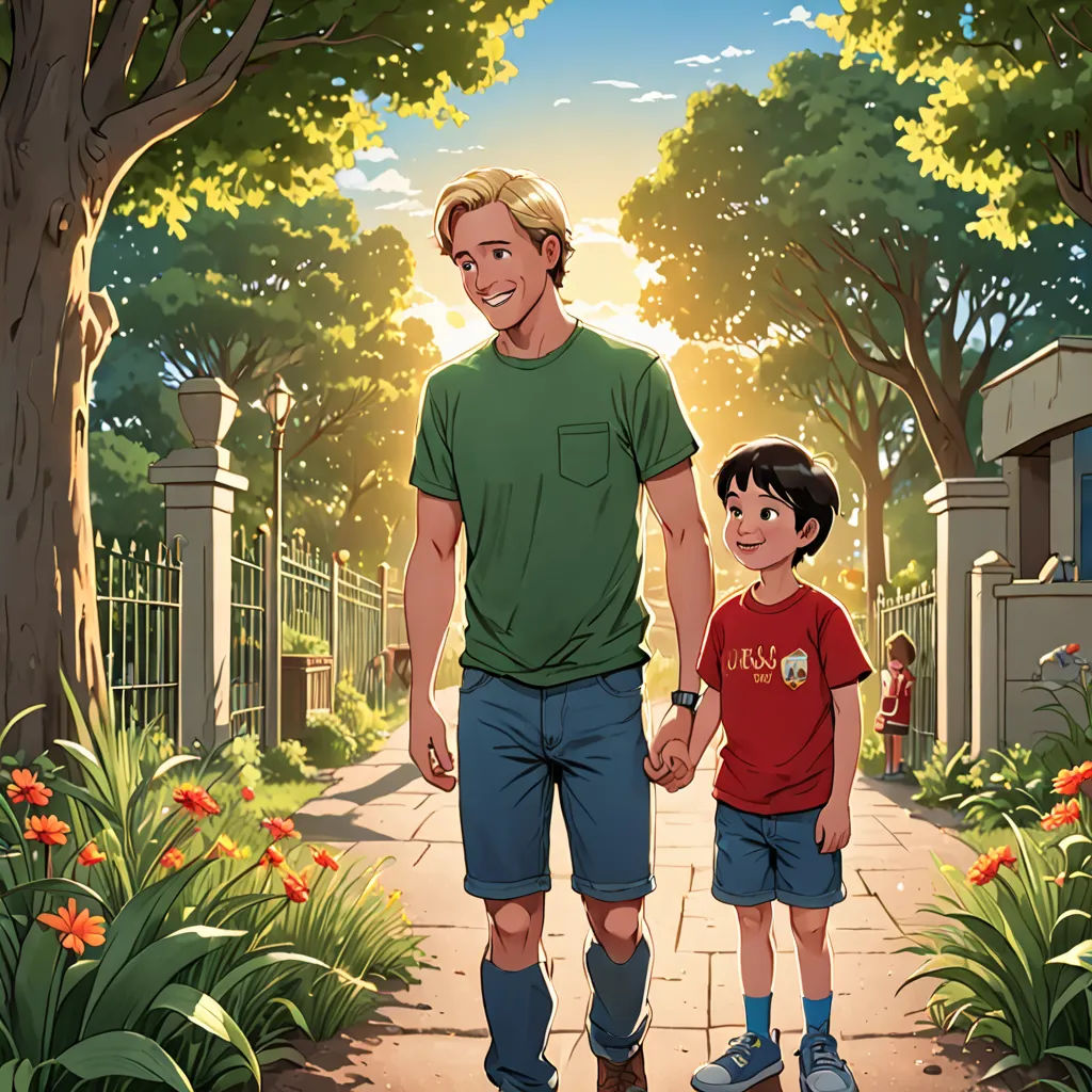a man and a boy walking down a sidewalk holding hands and smiling at the camera, with a gate in the background, private press, a storybook illustration, Brothers Hildebrandt, official art