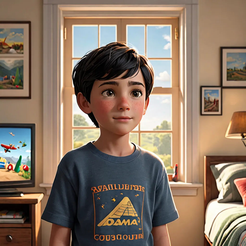 a boy in a bedroom with a television and a bed in the background with pictures on the wall and a window, photorealism, concept art, Alejandro Burdisio, pixar style