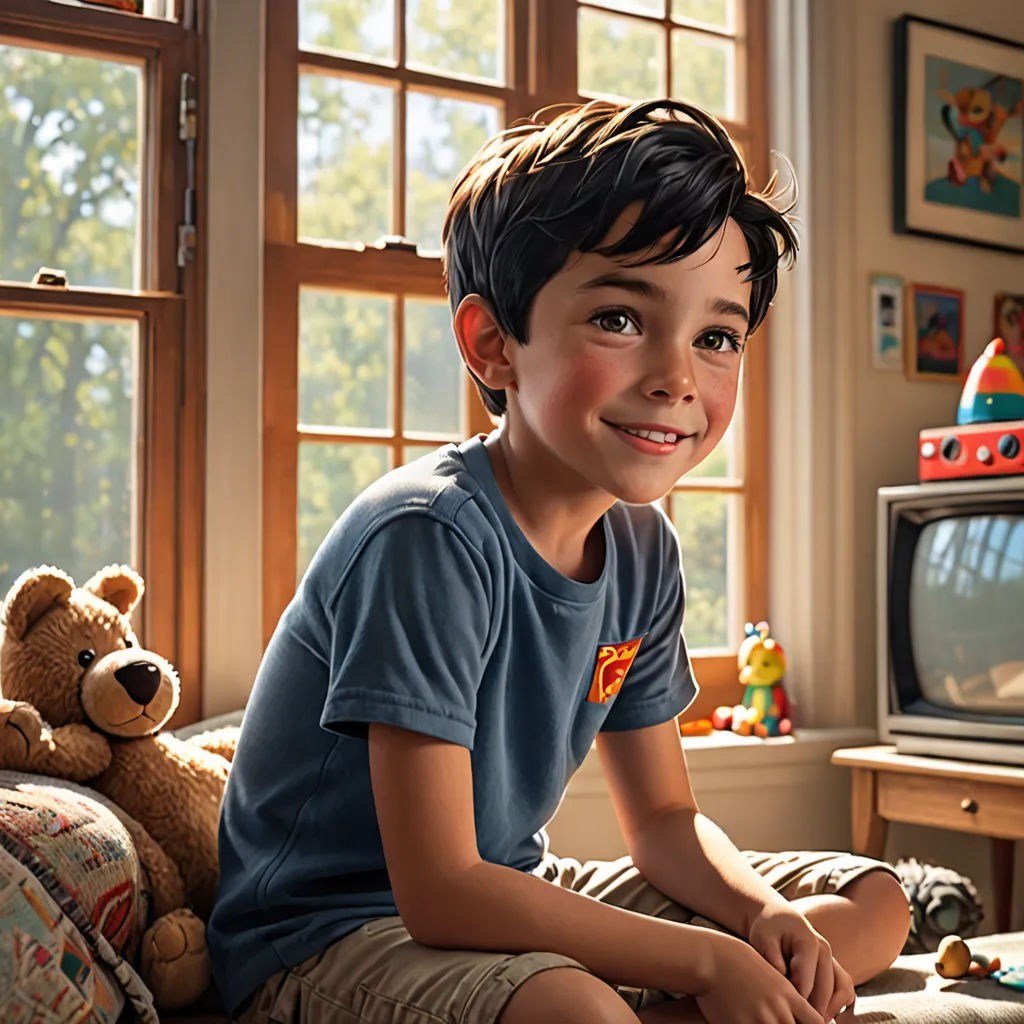 a boy sitting on a bed in front of a tv with a teddy bear on the bed next to him, photorealism, a photorealistic painting, Bob Byerley, unreal engine 5 quality render