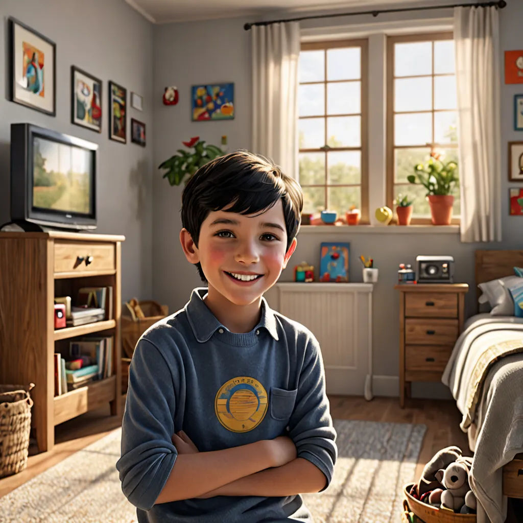 a boy is smiling in a bedroom with a bed and a dresser and a window with a picture of himself, photorealism, a computer rendering, Chris LaBrooy, unreal engine 5 highly rendered