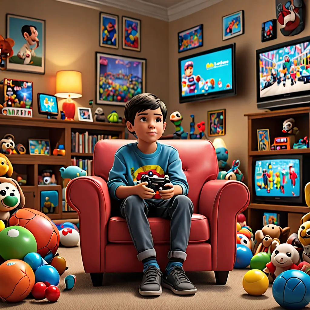 a boy sitting on a red chair in a room with a bunch of toys around him and a television in the background, photorealism, computer graphics, Chris LaBrooy, game art