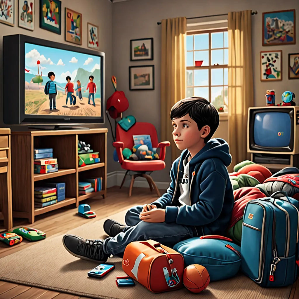 a boy sitting on the floor watching tv in a room with a lot of toys and a suitcase on the floor, photorealism, a storybook illustration, Chris LaBrooy, highly detailed digital painting