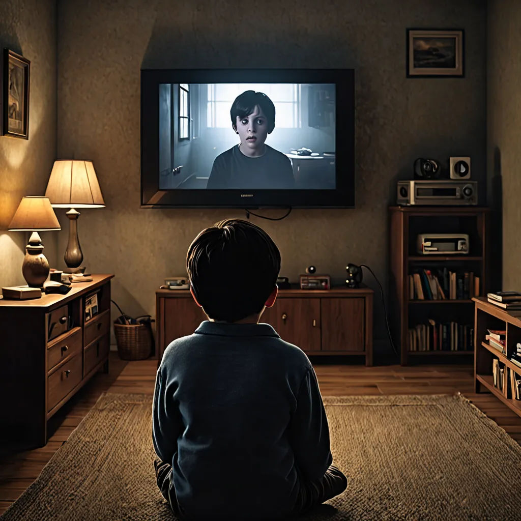 a boy sitting on the floor watching tv in a living room with a lamp on and a television on, video art, poster art, Diego Gisbert Llorens, promotional image