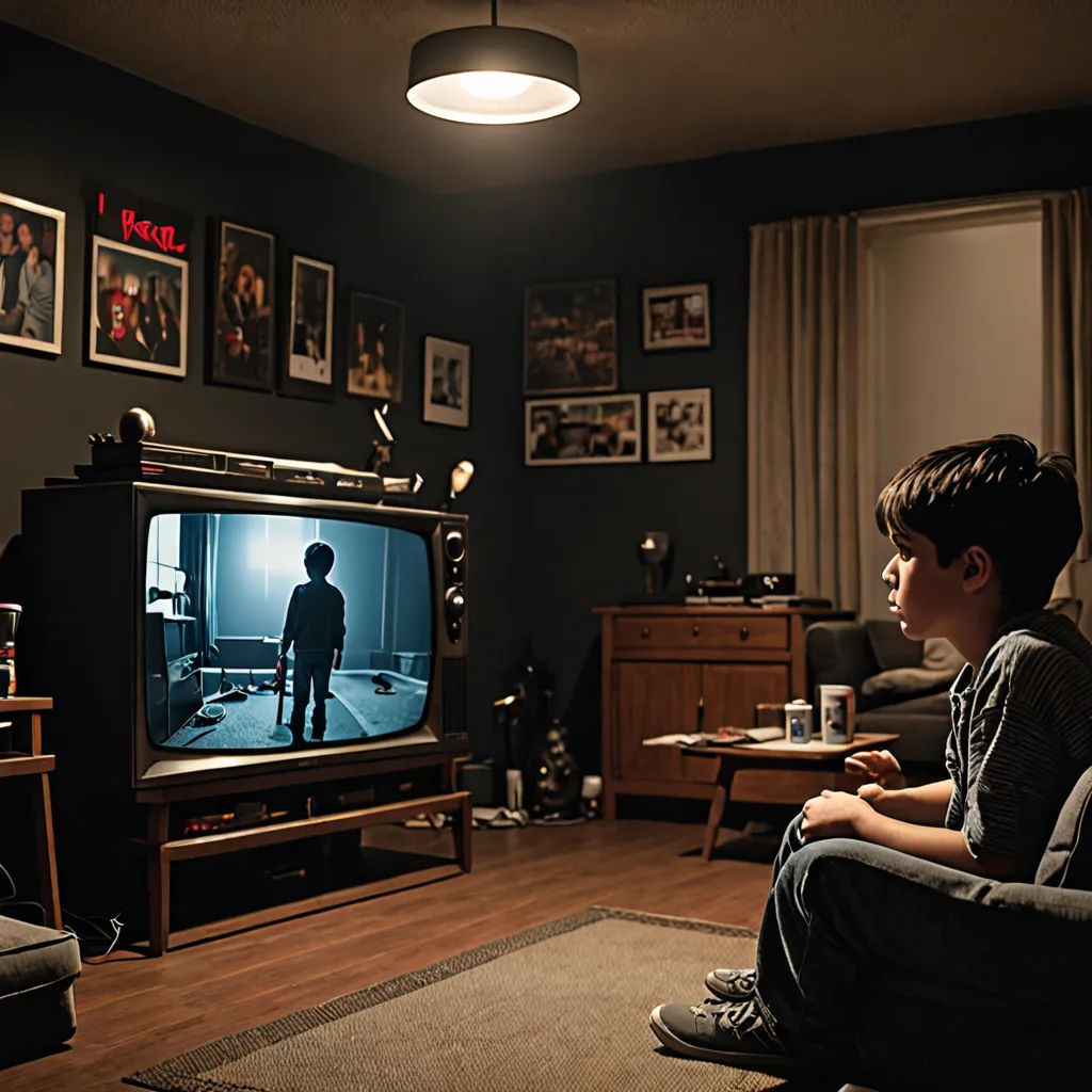 a boy sitting in a chair watching tv in a living room with a lamp on the ceiling and a picture on the wall, video art, poster art, Daniel Lieske, promotional image
