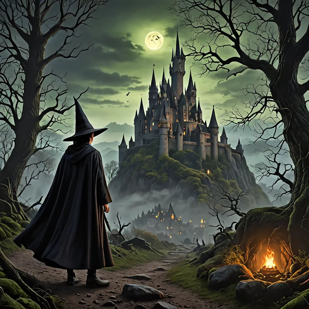 a wizard standing in front of a castle with a fire pit in front of it and a full moon in the sky, gothic art, a detailed matte painting, Christophe Vacher, dark fantasy art