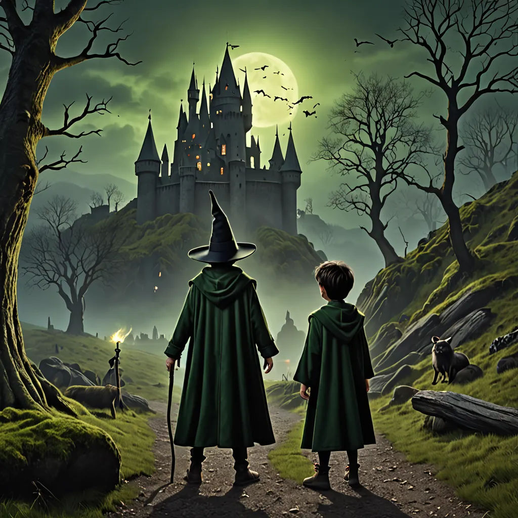 a painting of two children dressed in green robes and hats, standing in front of a castle with a full moon, fantasy art, a detailed matte painting, Brothers Hildebrandt, dark fantasy art