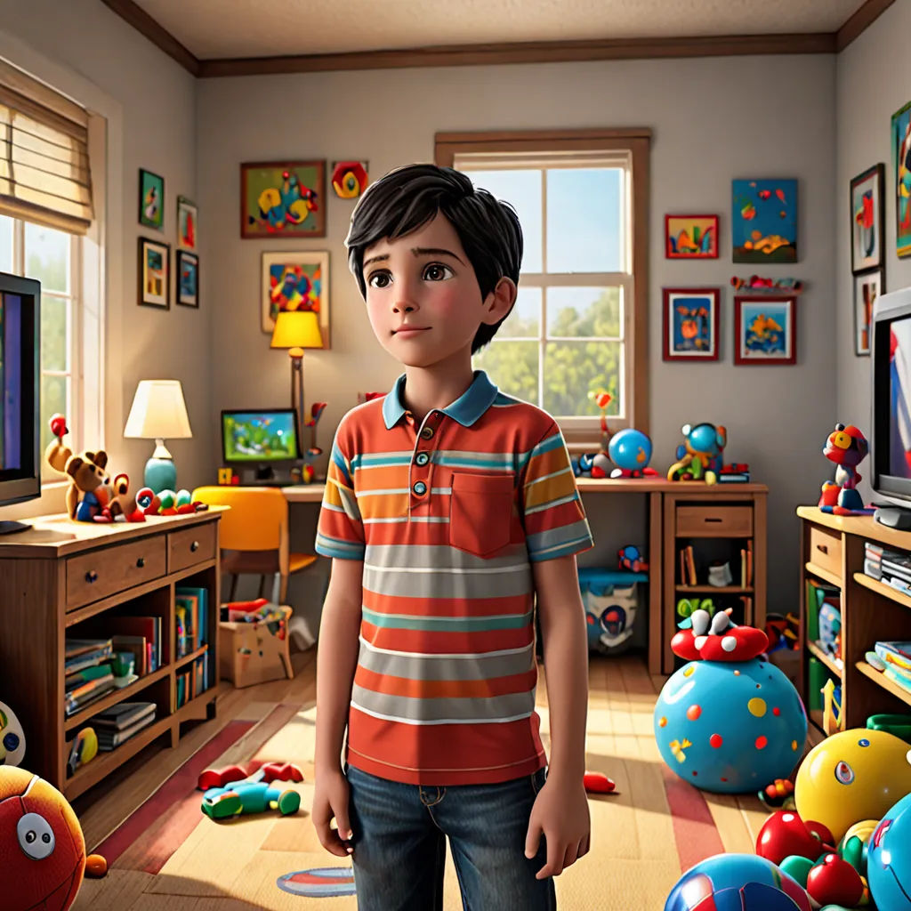 a boy standing in a room with toys and a television on a stand in front of him and a large window, photorealism, a computer rendering, Chris LaBrooy, promotional image