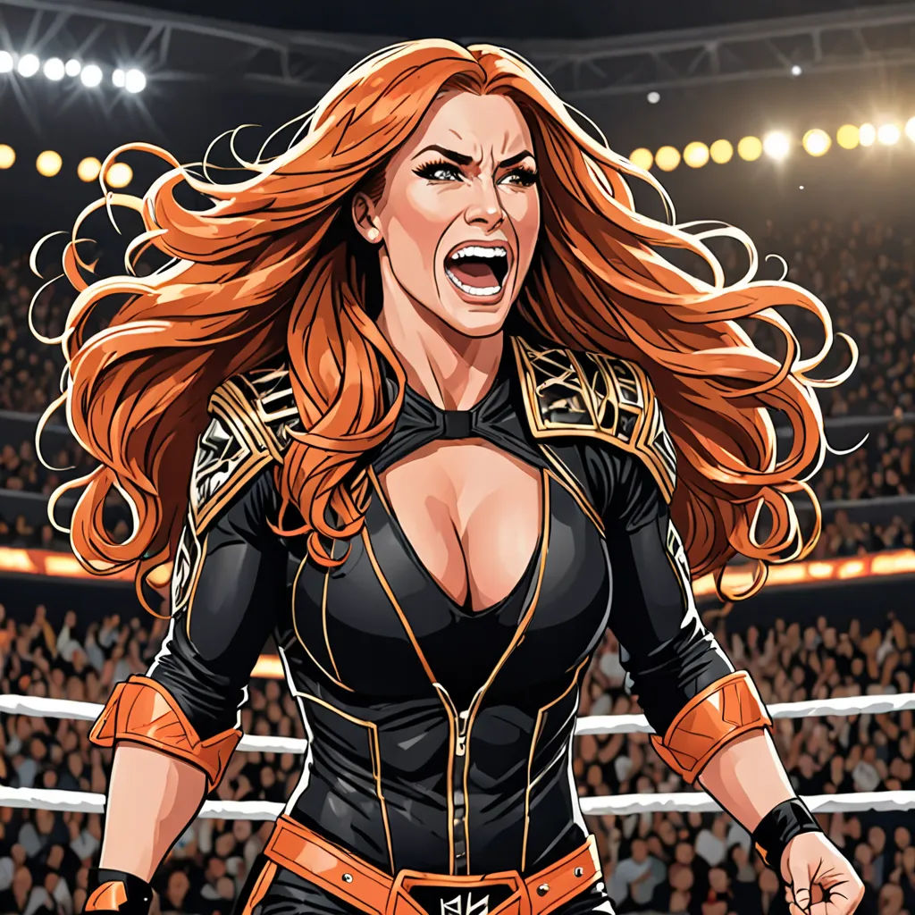 a woman in a wrestling outfit with a crowd in the background and a ring of lights in the background, shock art, a comic book panel, Artgerm, official art