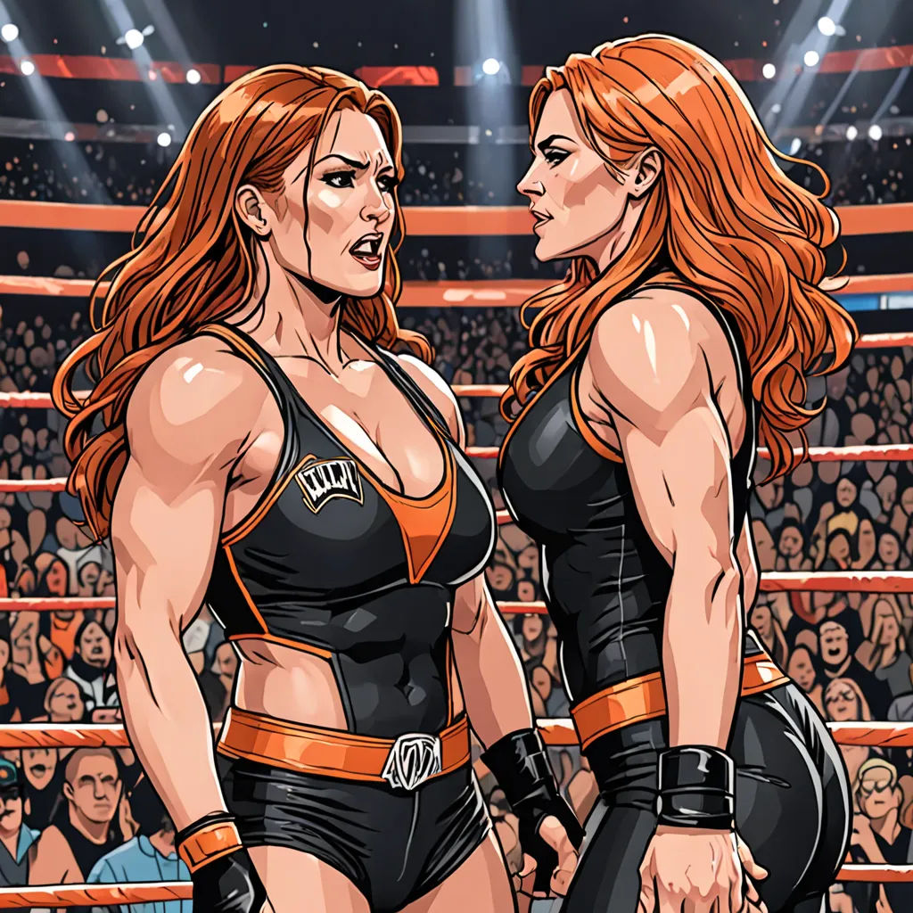 two women in wrestling gear standing next to each other in a ring of people with lights on the side, private press, a comic book panel, Eve Ryder, comic cover art