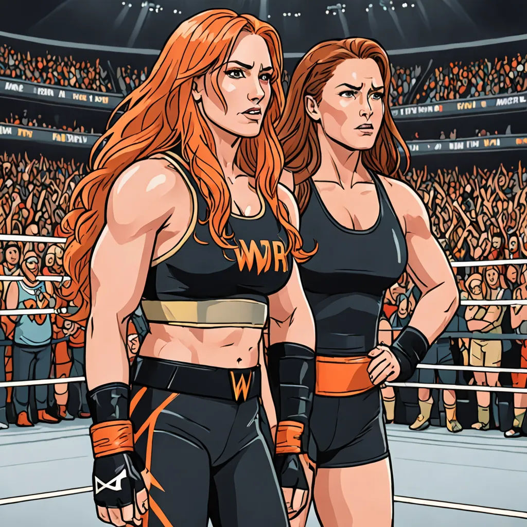 two women in wrestling gear standing in a ring with a crowd of people watching them from the stands in the background, private press, a comic book panel, Dan Mumford, official art