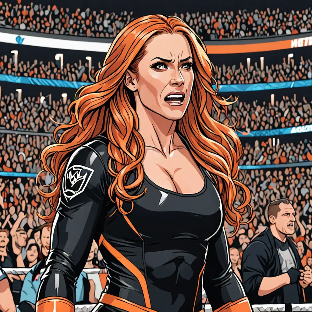 a woman in a black outfit standing in front of a crowd of people in a stadium with a microphone, shock art, a comic book panel, Eve Ryder, high detail illustration