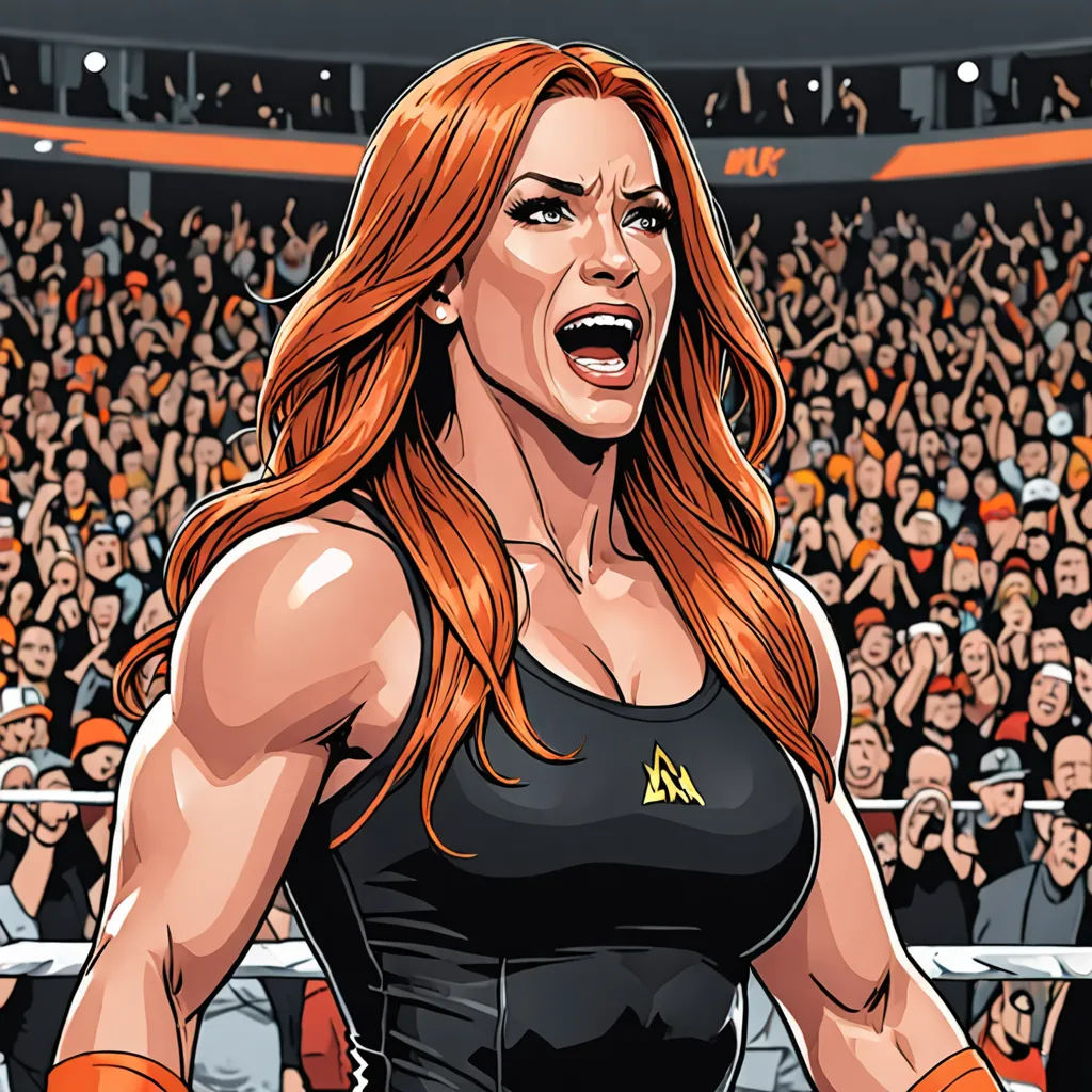 a woman in a wrestling outfit standing in front of a crowd of people with her fists up and her mouth open, private press, a comic book panel, Clarice Beckett, official art