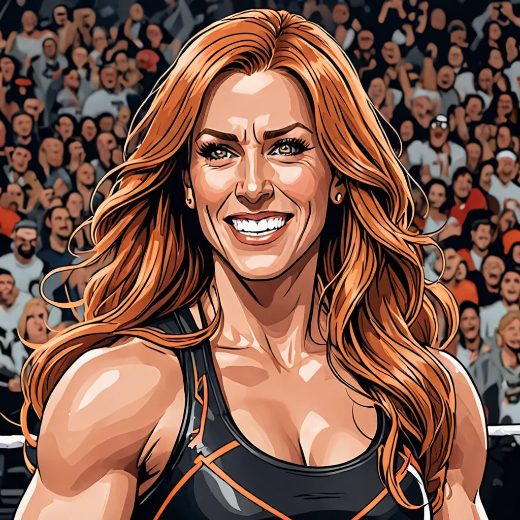 a woman with long hair and a black top is smiling in front of a crowd of people in a stadium, private press, vector art, Brenda Chamberlain, highly detailed digital painting