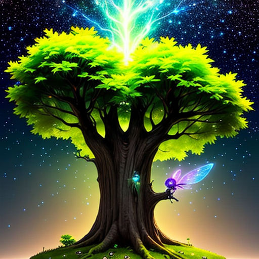 a tree with a fairy sitting on top of it under a star filled sky with a lightening star