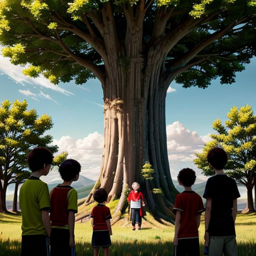 a group of children standing in front of a tree with a man standing in the middle of it and a woman standing in the middle of the tree