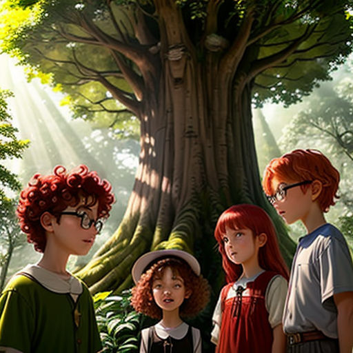 a group of children standing in front of a tree in a forest with a boy and girl standing next to each other