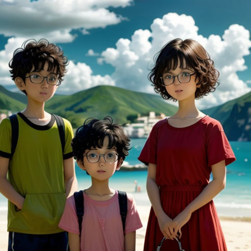 three children standing on a beach with a view of the ocean in the background and a cloudy sky in the background