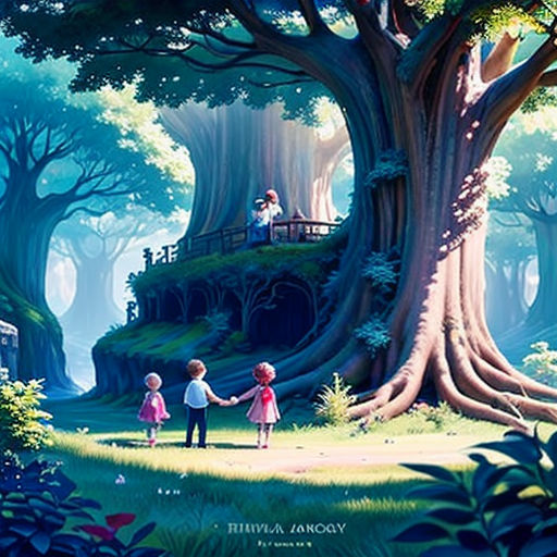 a painting of two children holding hands in front of a tree with a man and woman standing on a platform
