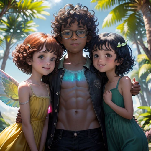 a group of children standing next to each other in front of a forest with palm trees and a man