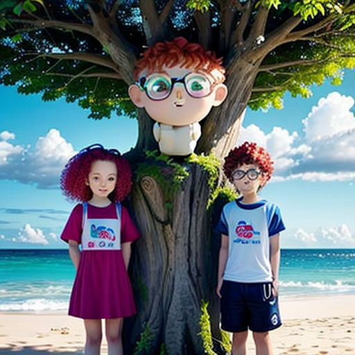 two children standing next to a tree on a beach with a giant head of a man and woman on it