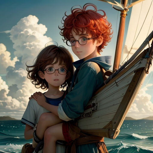 a boy and a girl are hugging on a boat in the ocean with a cloudy sky behind them and a boat in the water