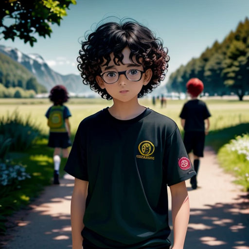 a young boy wearing glasses standing on a path in a park with other people walking behind him and a mountain in the distance
