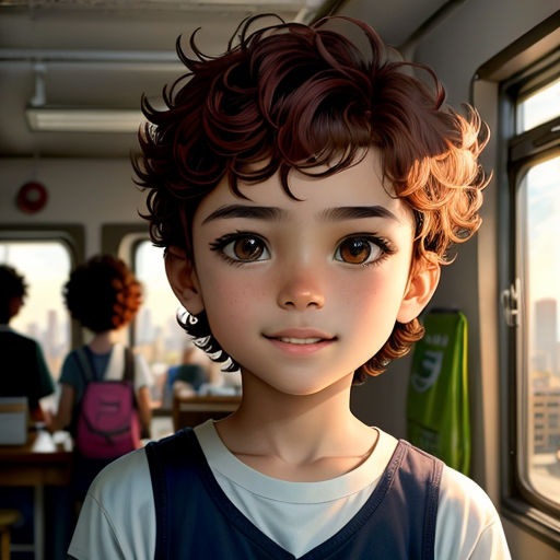 a young boy with curly hair and a white shirt is looking out a window at the cityscape