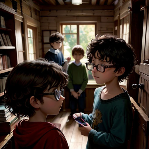 a group of children standing in a room with books on the shelves and a boy looking at a cell phone