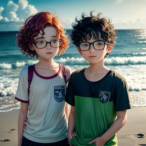two young boys standing on a beach next to the ocean with their arms around each other and their backs to the camera