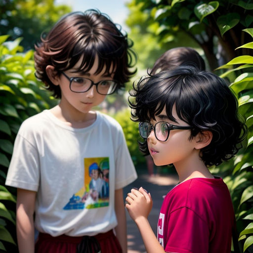two young children standing next to each other in front of a bush and trees, one of them wearing glasses