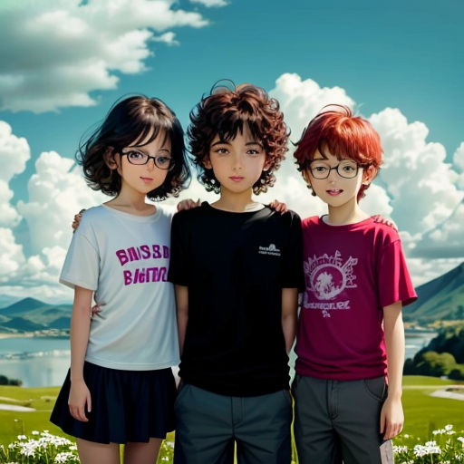 three children standing next to each other in a field of flowers and grass with mountains in the background and clouds in the sky