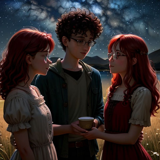 a painting of two girls and a boy standing in a field at night with a sky full of stars