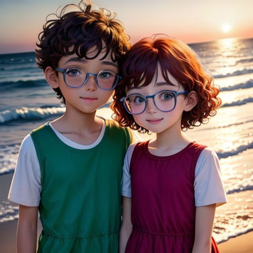 two children standing on a beach with the sun setting behind them and the ocean in the background with waves